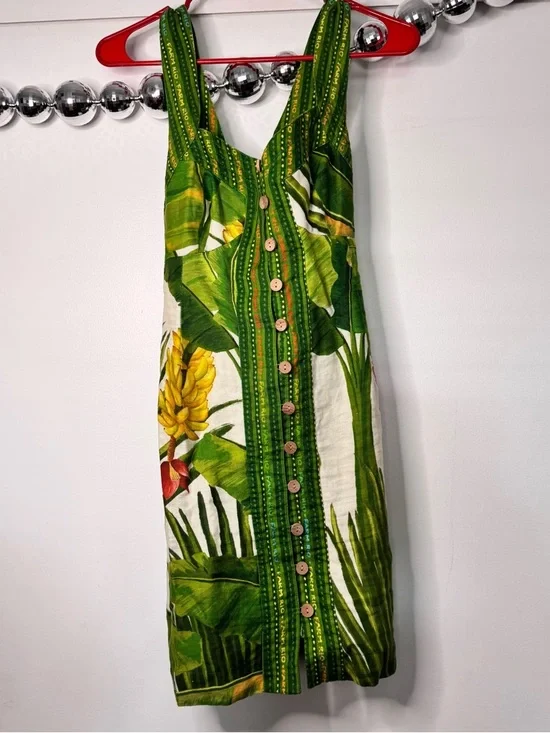 Farm Rio Fresh Forest Scarf Button Down Mini Dress Linen Sweetheart - Picture 6 of 10